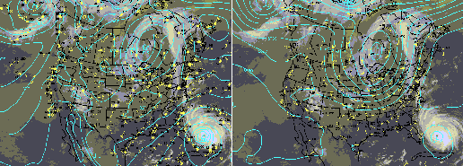 Satellite overlays: SLP & IR on left, 500 hPA & IR on right.
  (Click on image for larger version.)