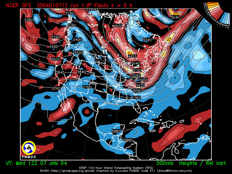 product: 500 hPa Heights [m] and Rel. Vort [10-5 s-1], area: North America, tau: 000 