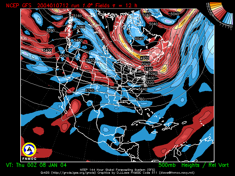 product: 500 hPa Heights [m] and Rel. Vort [10-5 s-1], area: North America, tau: 012 