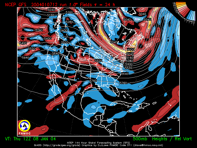 product: 500 hPa Heights [m] and Rel. Vort [10-5 s-1], area: North America, tau: 024 