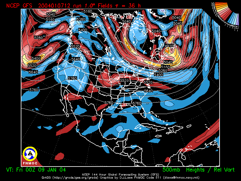 product: 500 hPa Heights [m] and Rel. Vort [10-5 s-1], area: North America, tau: 036 