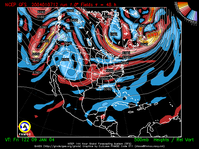 product: 500 hPa Heights [m] and Rel. Vort [10-5 s-1], area: North America, tau: 048 