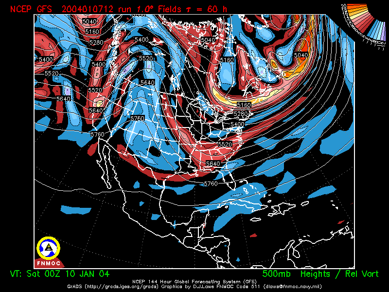 product: 500 hPa Heights [m] and Rel. Vort [10-5 s-1], area: North America, tau: 060 