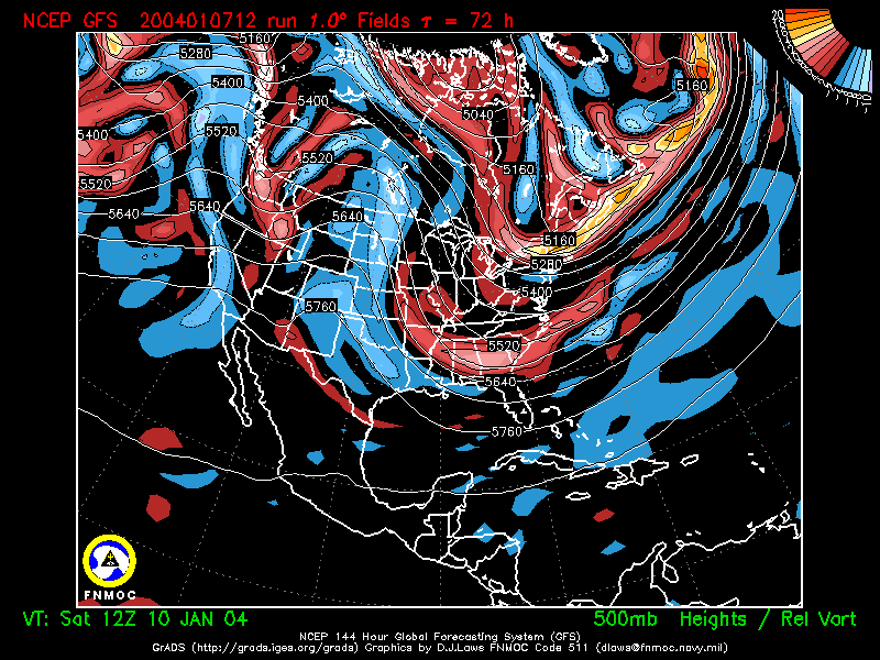 product: 500 hPa Heights [m] and Rel. Vort [10-5 s-1], area: North America, tau: 072 