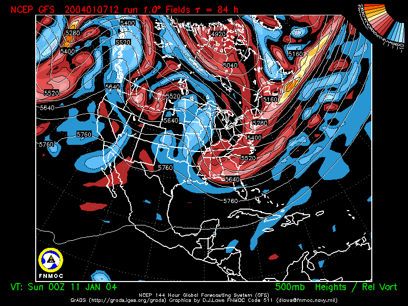 product: 500 hPa Heights [m] and Rel. Vort [10-5 s-1], area: North America, tau: 084 