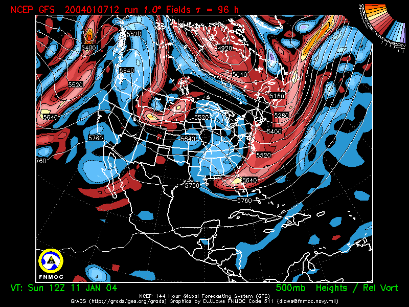 product: 500 hPa Heights [m] and Rel. Vort [10-5 s-1], area: North America, tau: 096 