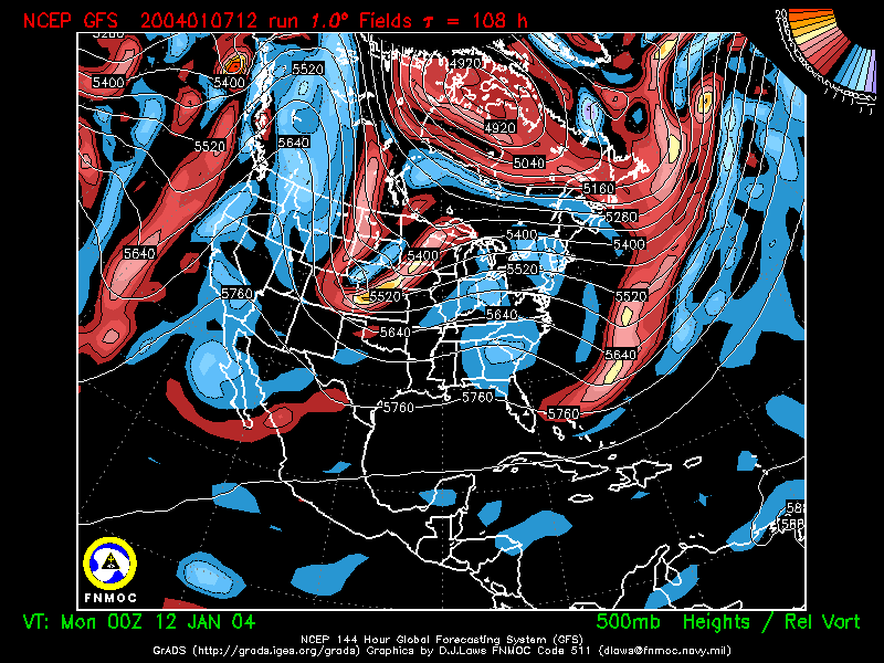product: 500 hPa Heights [m] and Rel. Vort [10-5 s-1], area: North America, tau: 108 