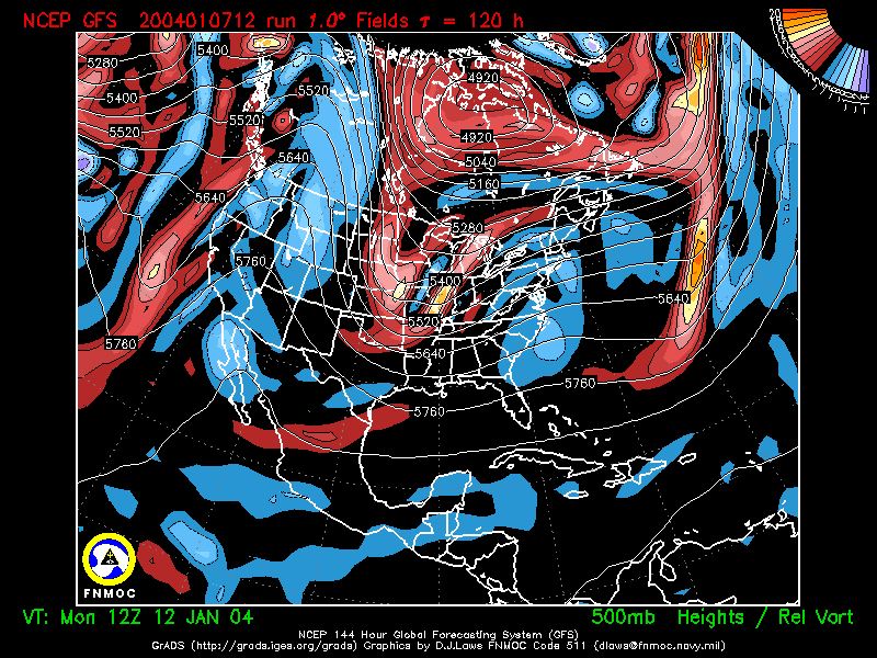 product: 500 hPa Heights [m] and Rel. Vort [10-5 s-1], area: North America, tau: 120 