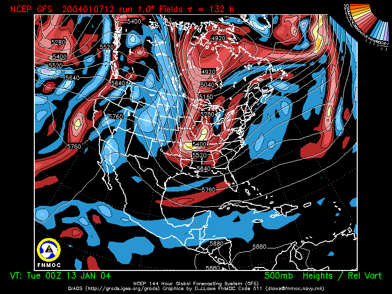 product: 500 hPa Heights [m] and Rel. Vort [10-5 s-1], area: North America, tau: 132 