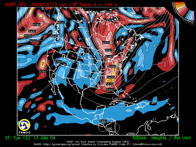 product: 500 hPa Heights [m] and Rel. Vort [10-5 s-1], area: North America, tau: 144 