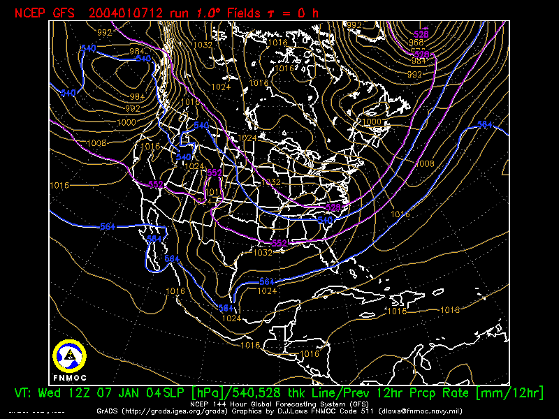 product: Previous 12-hr Precipitation Rate [mm/12hr] and Sea Level Pressure [hPa], area: North America, tau: 000 