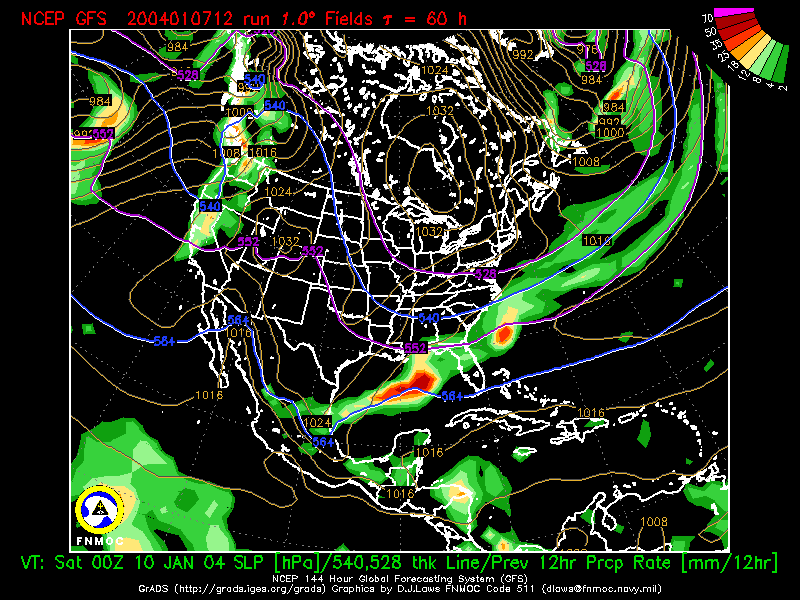product: Previous 12-hr Precipitation Rate [mm/12hr] and Sea Level Pressure [hPa], area: North America, tau: 060 