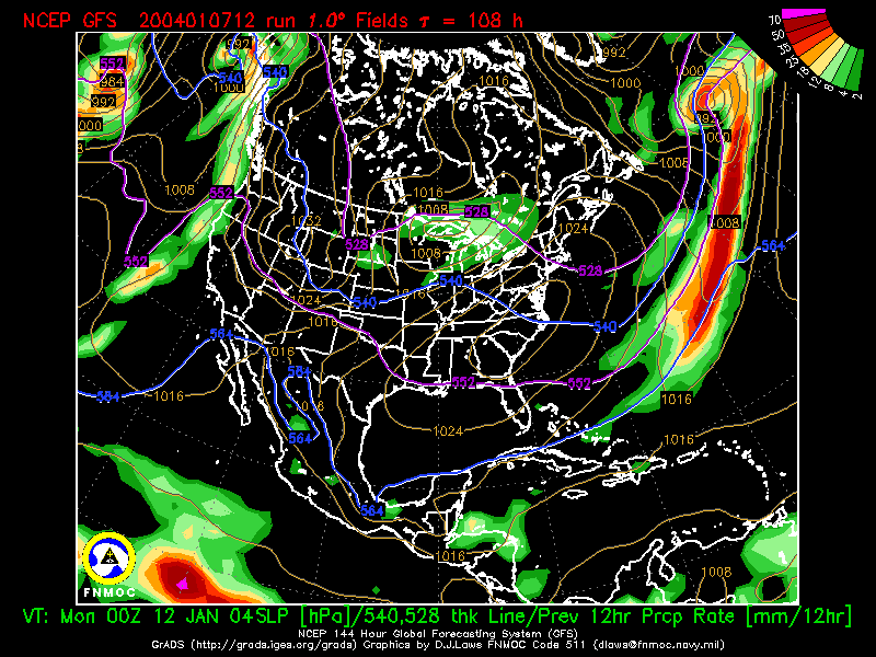 product: Previous 12-hr Precipitation Rate [mm/12hr] and Sea Level Pressure [hPa], area: North America, tau: 108 