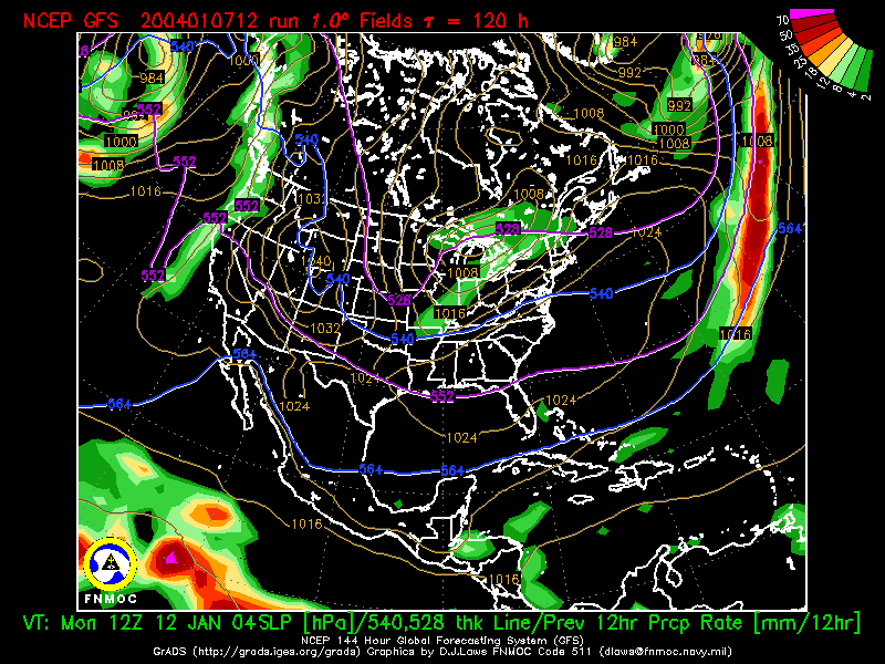 product: Previous 12-hr Precipitation Rate [mm/12hr] and Sea Level Pressure [hPa], area: North America, tau: 120 