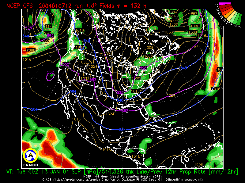 product: Previous 12-hr Precipitation Rate [mm/12hr] and Sea Level Pressure [hPa], area: North America, tau: 132 