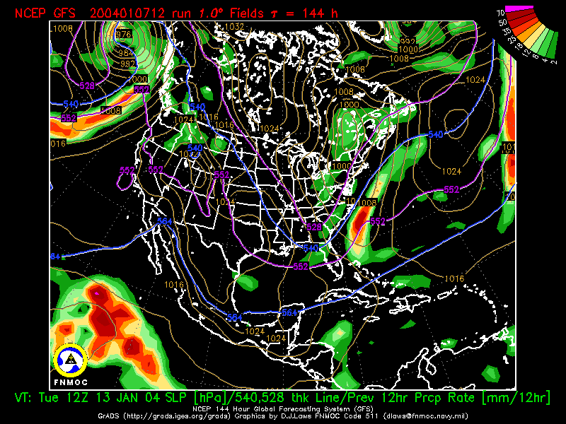 product: Previous 12-hr Precipitation Rate [mm/12hr] and Sea Level Pressure [hPa], area: North America, tau: 144 