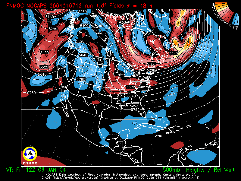 product: 500 hPa Heights [m] and Rel. Vort [10-5 s-1], area: North America, tau: 048 