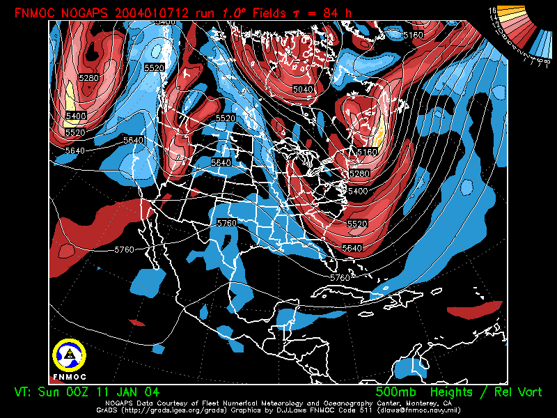product: 500 hPa Heights [m] and Rel. Vort [10-5 s-1], area: North America, tau: 084 