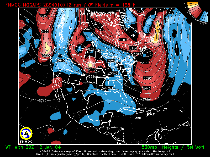 product: 500 hPa Heights [m] and Rel. Vort [10-5 s-1], area: North America, tau: 108 