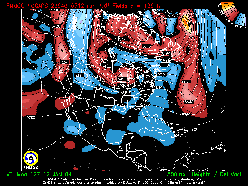 product: 500 hPa Heights [m] and Rel. Vort [10-5 s-1], area: North America, tau: 120 