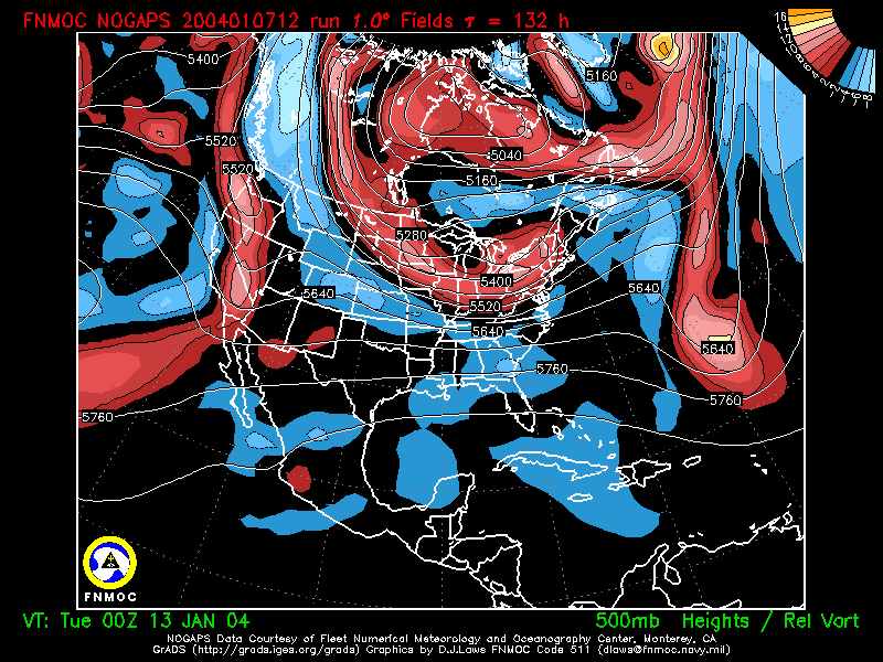 product: 500 hPa Heights [m] and Rel. Vort [10-5 s-1], area: North America, tau: 132 