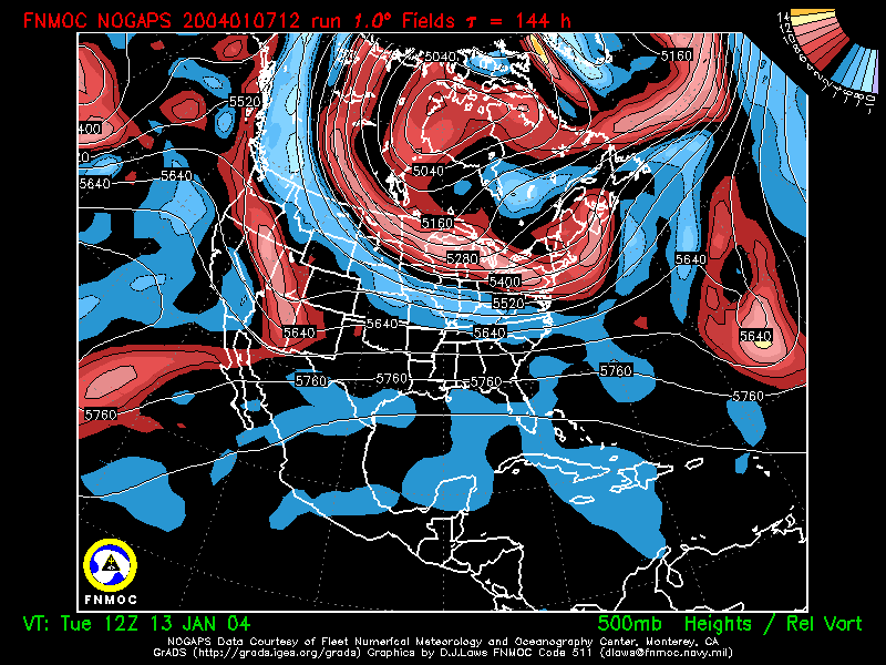 product: 500 hPa Heights [m] and Rel. Vort [10-5 s-1], area: North America, tau: 144 